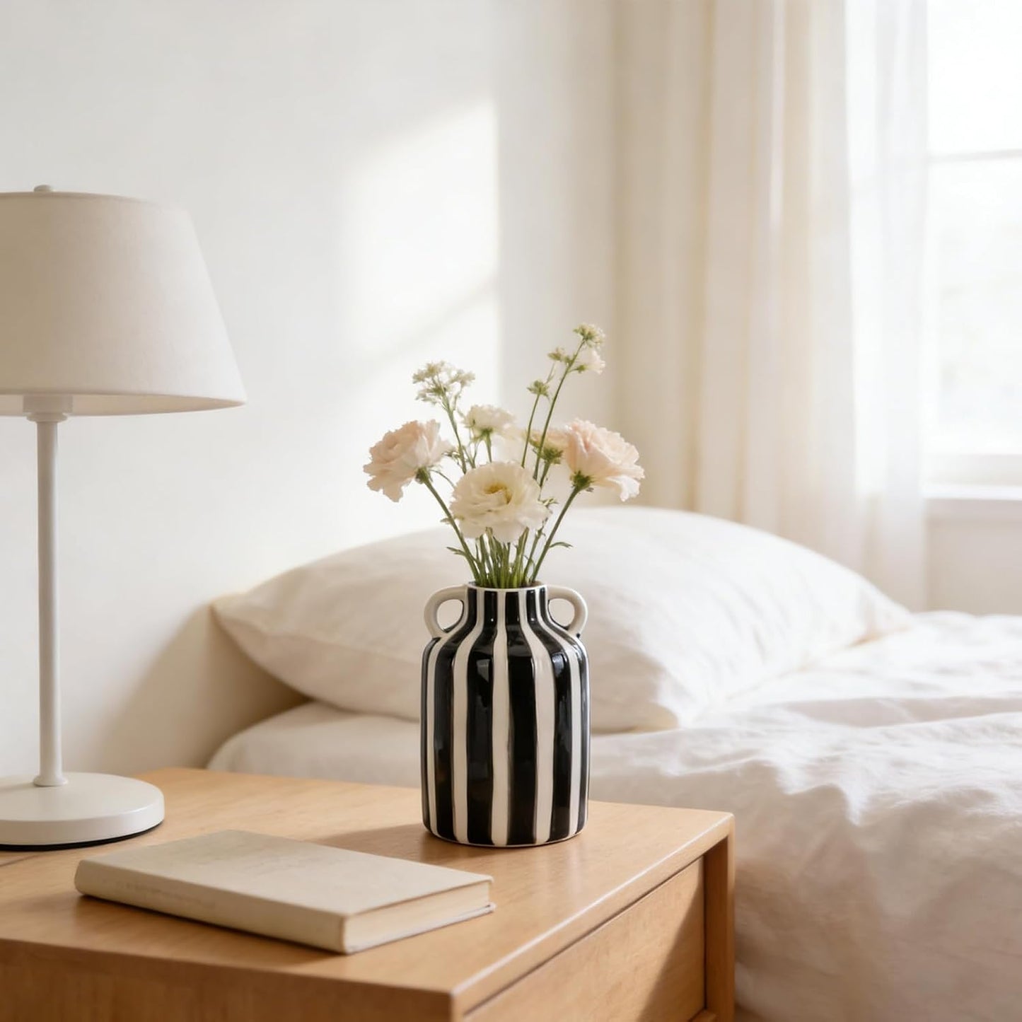 Ceramic Striped Checkered Vase / Black White