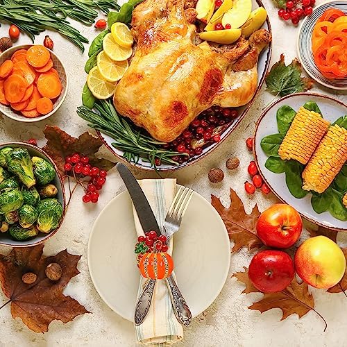 Whaline 6 Pcs Fall Pumpkin Napkin Rings Autumn Thanksgiving Napkin Holders Metal Napkins Buckle with Rhinestone for Family Gathering Wedding Party Dinner Table Setting Decor