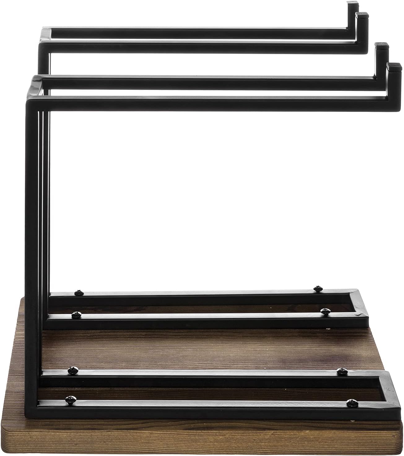 MyGift Countertop Wine Glass Holder with Rustic Wood Base, Industrial Metal | 2 Hanging Bars Store Stemware for