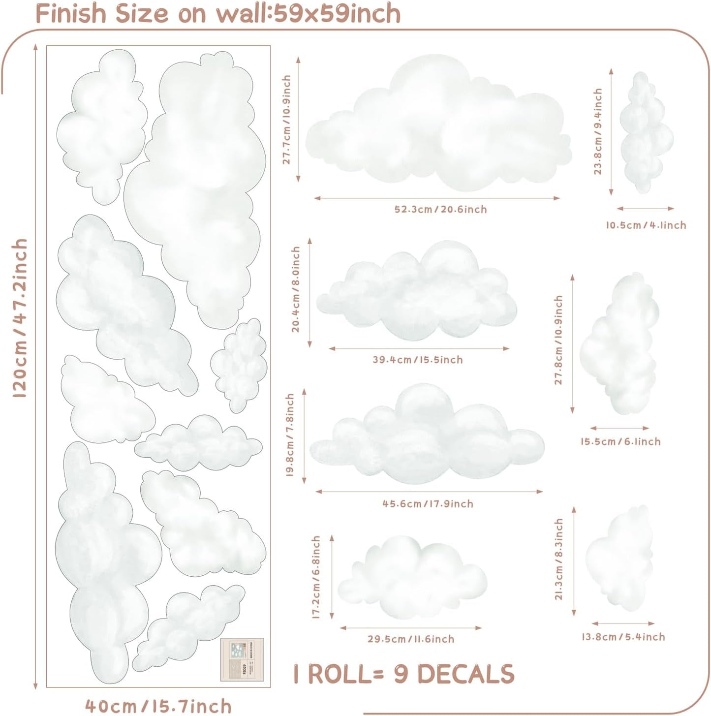 Fabric Large Cloud Wall Decals / Clouds / Set of 9