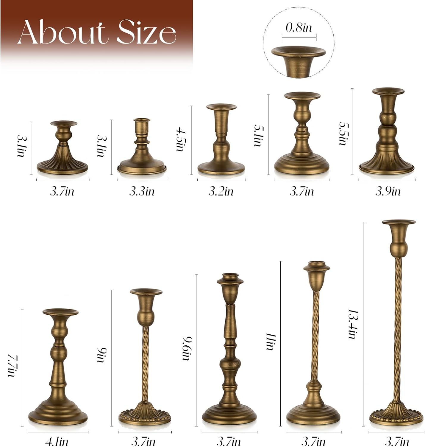Brass Finish Candle Holders Set of 10 for Table Centerpiece | Vintage Tall Taper Candlestick Holder, Metal Candle