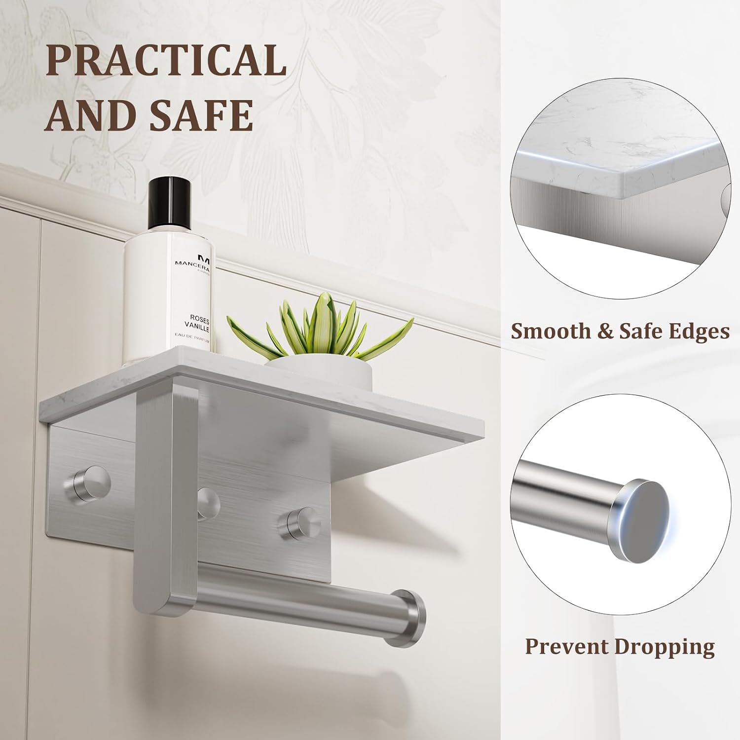 BWE Brushed Nickel Toilet Paper Holder with Marble Shelf Wall Mounted | Toilet Paper Roll Holder with Phone Shelf 304