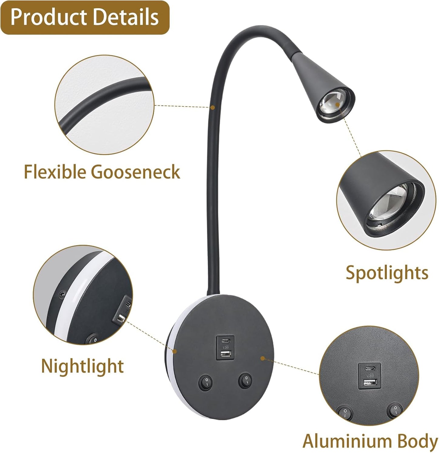 Book Lights for Reading at Night, LED Wall Mounted Reading Light, Flexible Gooseneck Wall Lamps for Bedroom, Plug in