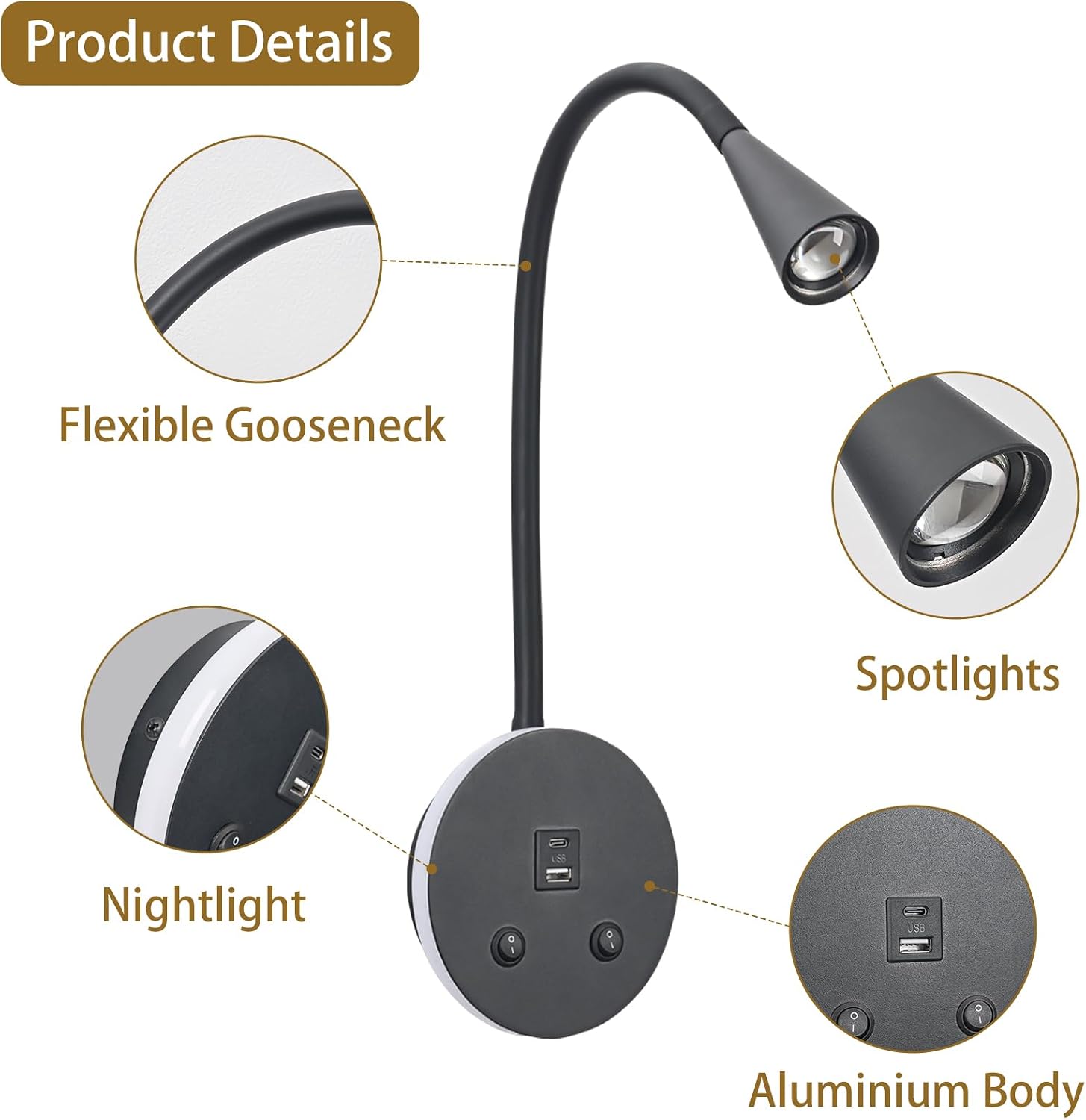Book Lights for Reading at Night, LED Wall Mounted Reading Light, Flexible Gooseneck Wall Lamps for Bedroom, Plug in