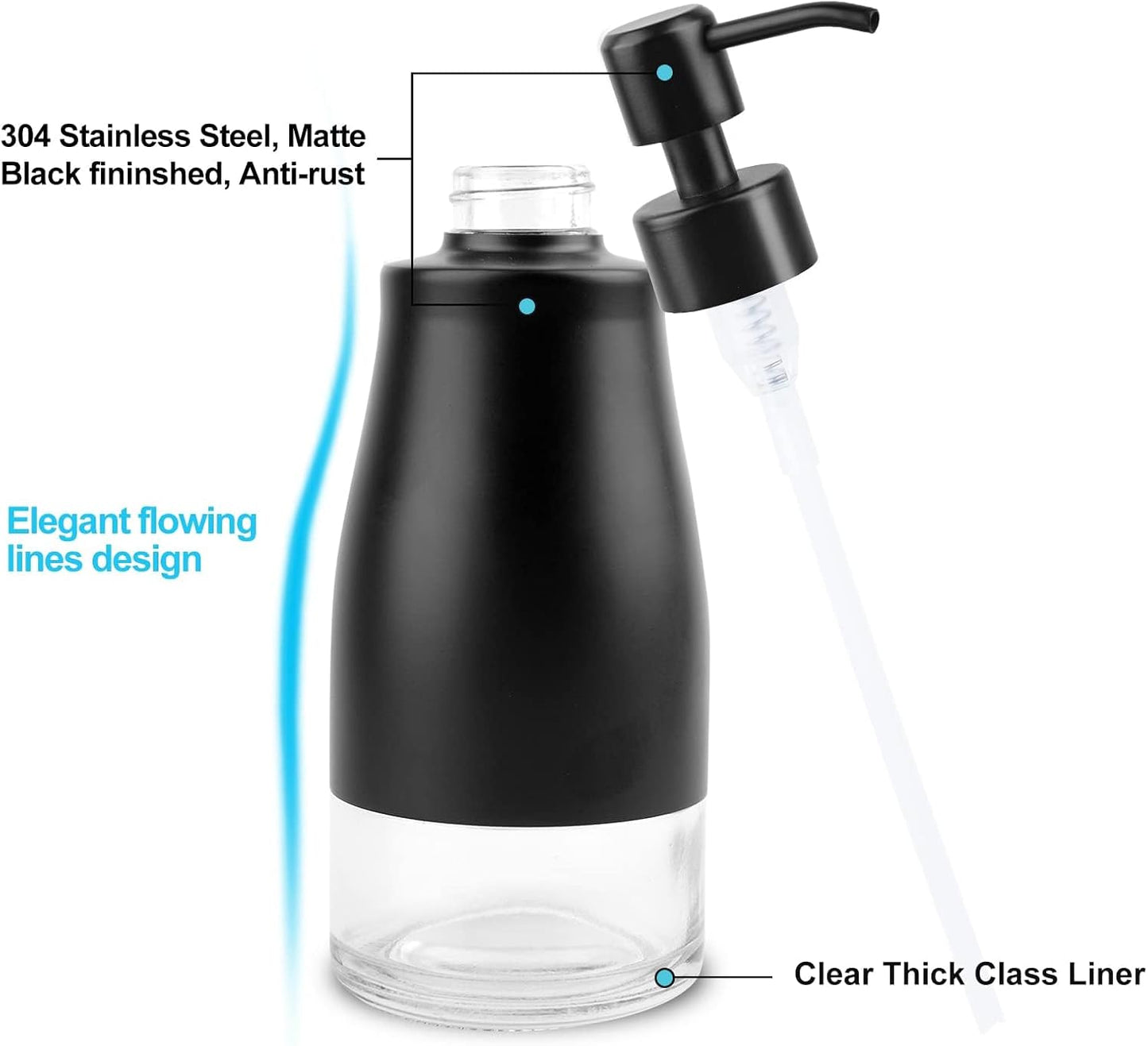 AUMIO 2-Pack Matte Black Dish Soap Dispensers with Non-Slip Silicone Pads | Stainless Steel Case & Glass Liner