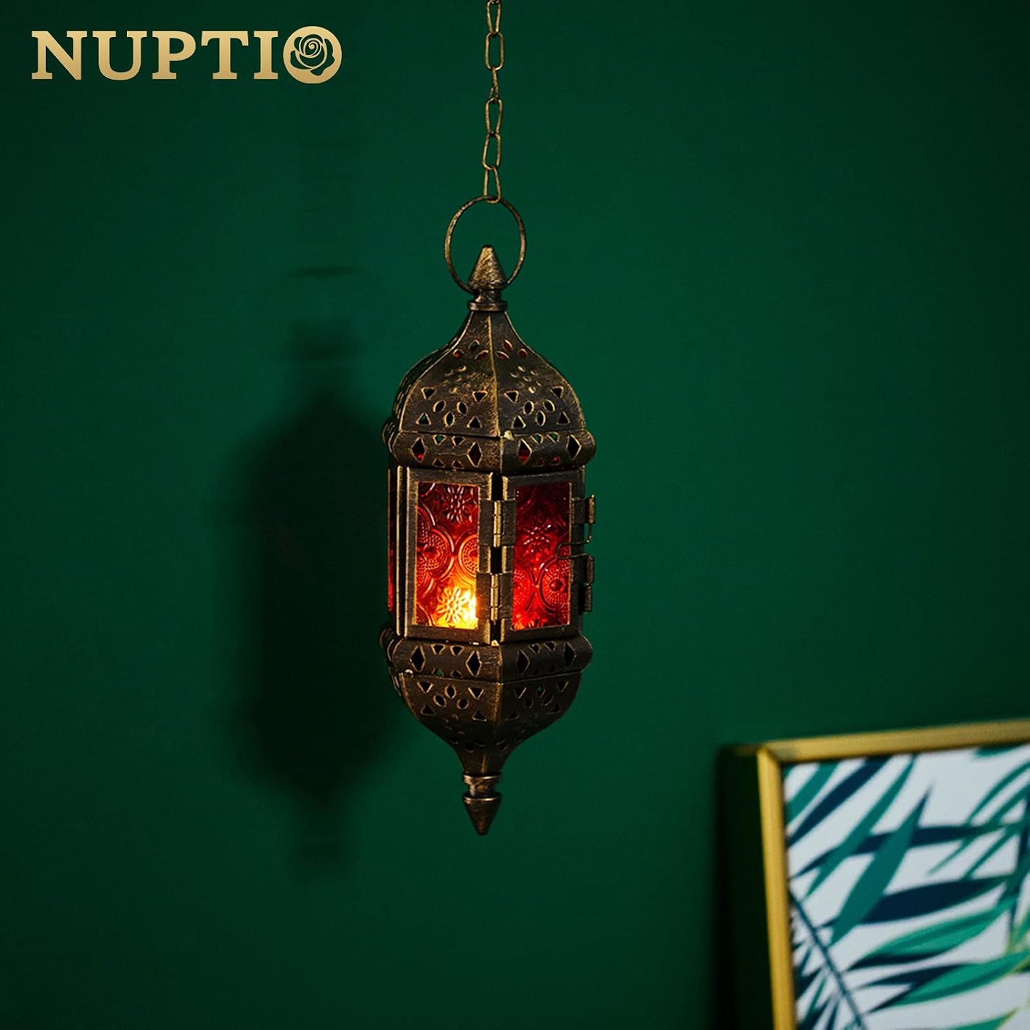 2 Pcs Hanging Hexagon Decorative Moroccan Candle Lantern Holders, Handmade Hanging Tea Light Holder in Bronze Metal &