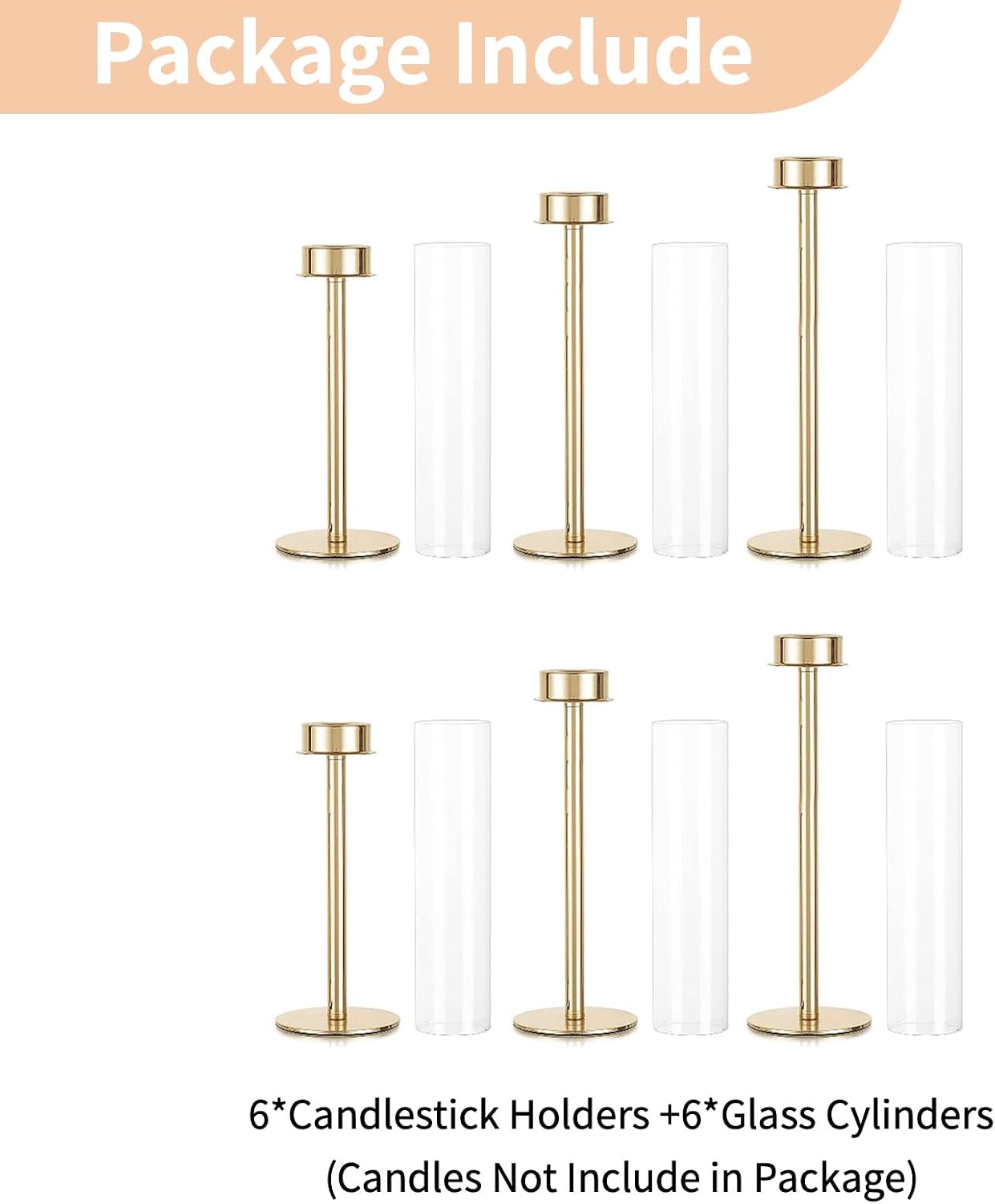 NUPTIO Hurricane Glass Candle Holders: Set of 6 Tall Gold Metal Candlestick Holder with Chimney Tube Brass Tiered Taper