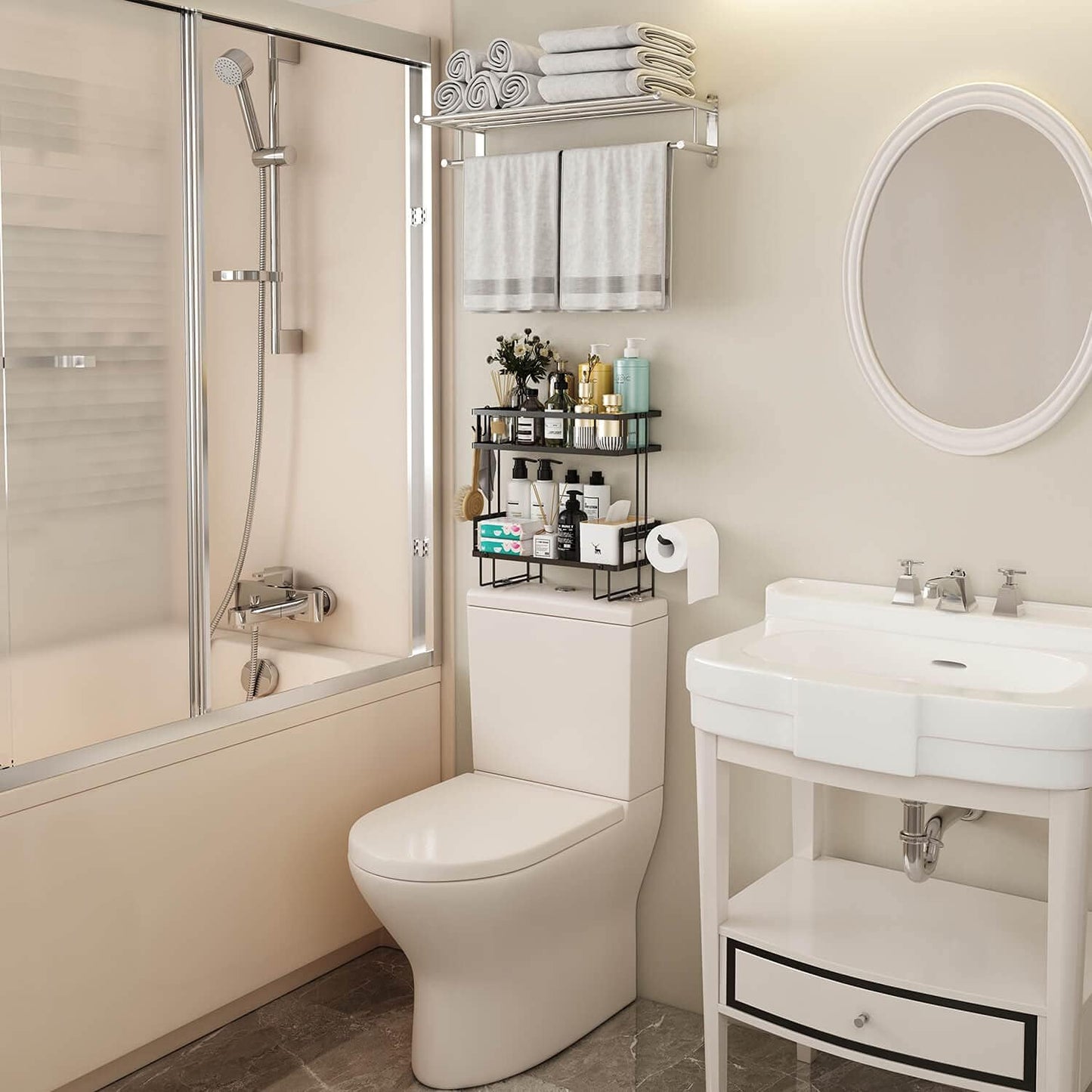 2-Tier Over Toilet Storage Shelf, Wall-Mount with 2 Hook/Paper Rack | Bathroom Organizers and Storage Cabinet