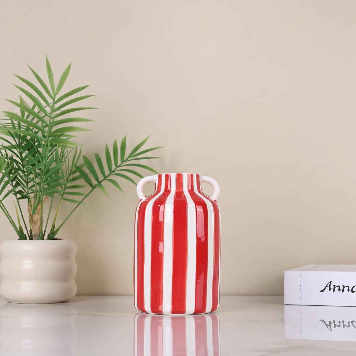 Ceramic Striped Checkered Vase / Red White