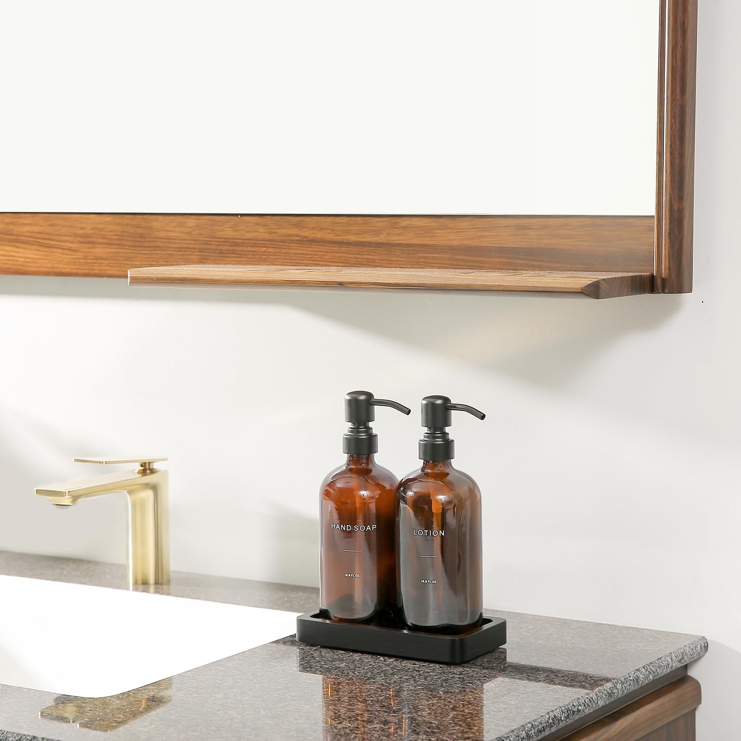 Prus Waso Amber Glass Soap Dispenser Set | Hand Soap and Lotion Set with Black Stainless Steel Pump, Perfect for Modern