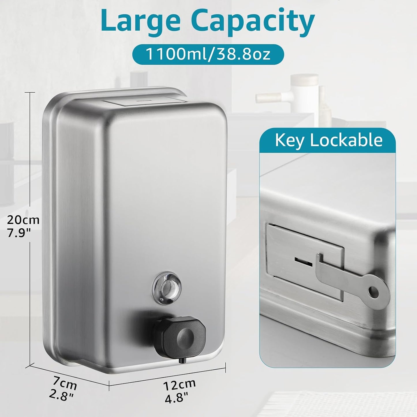 Commercial Wall Mount Soap Dispenser - Stainless Steel Bathroom Hand Soap 38.8oz Liquid - Anti-Leak Pump and Large