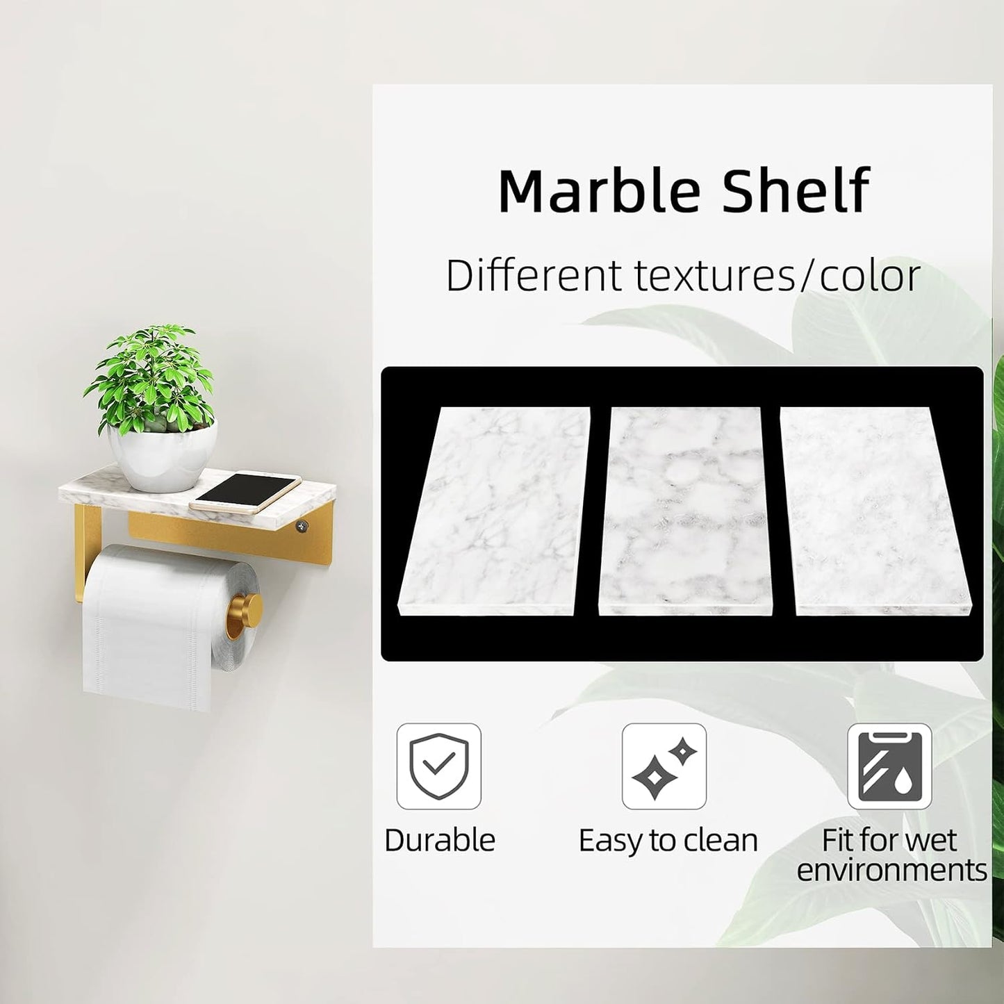 Gypie Toilet Paper Holder with Marble Shelf, Wall Mounted Gold | Stainless Steel Screw, Tissue Roll Paper Holder