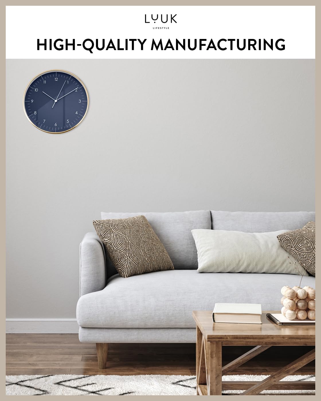 Modern Silent Quartz Wall Clock, 12in, Dark Blue & Gold | Elegant & Simple, Non-ticking, Analog, Easy-to-read display
