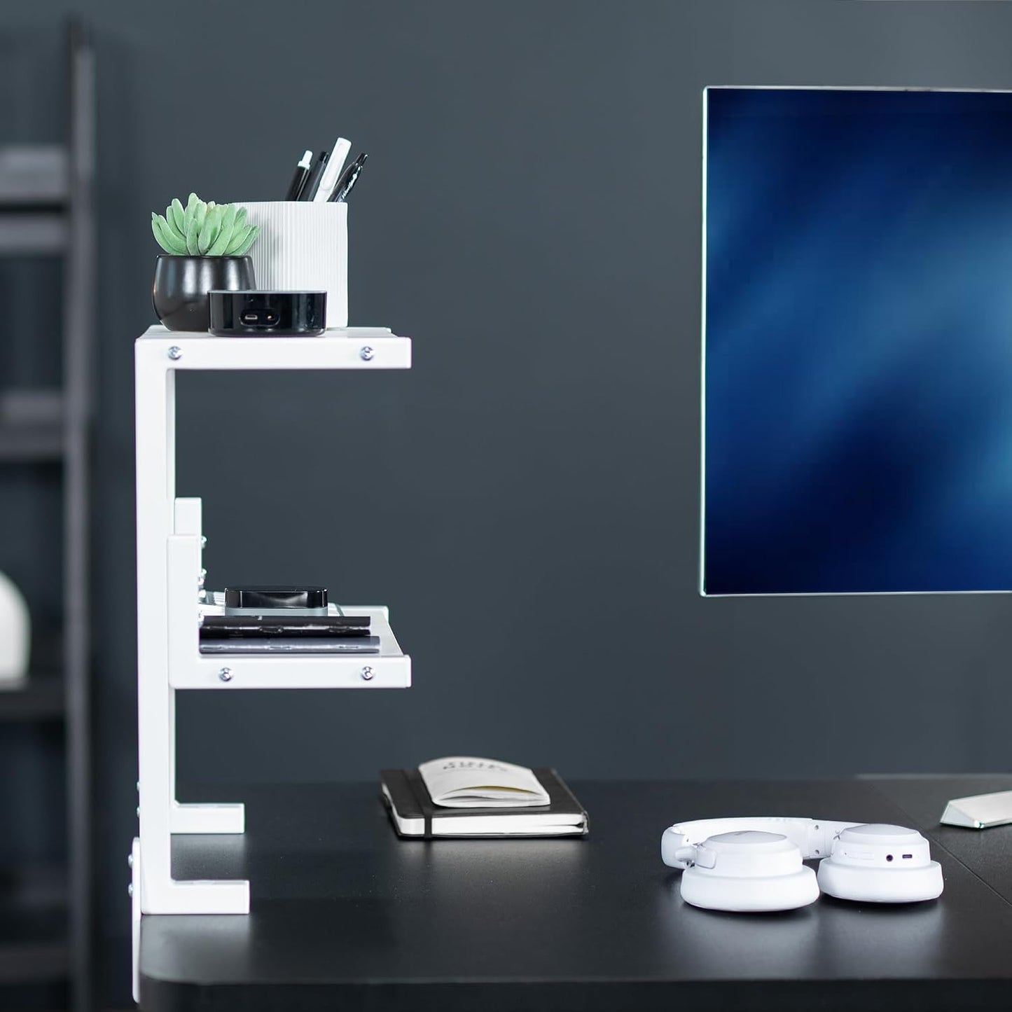 VIVO White Clamp-on 13 inch 2-Tier Desk Shelf, STAND-SHELF2CW | Above or Below Desk, 2 Level Shelving Unit for Table