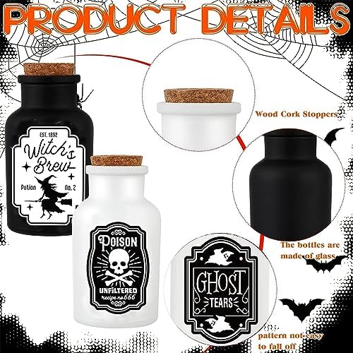 Sarybei Halloween Decorations for Home - Set of 4 Apothecary Potion Bottles with stickers - Scary Witch Poison Ghosts Black Cat Farmhouse Tiered Tray Decor For Home Table Party Supplies
