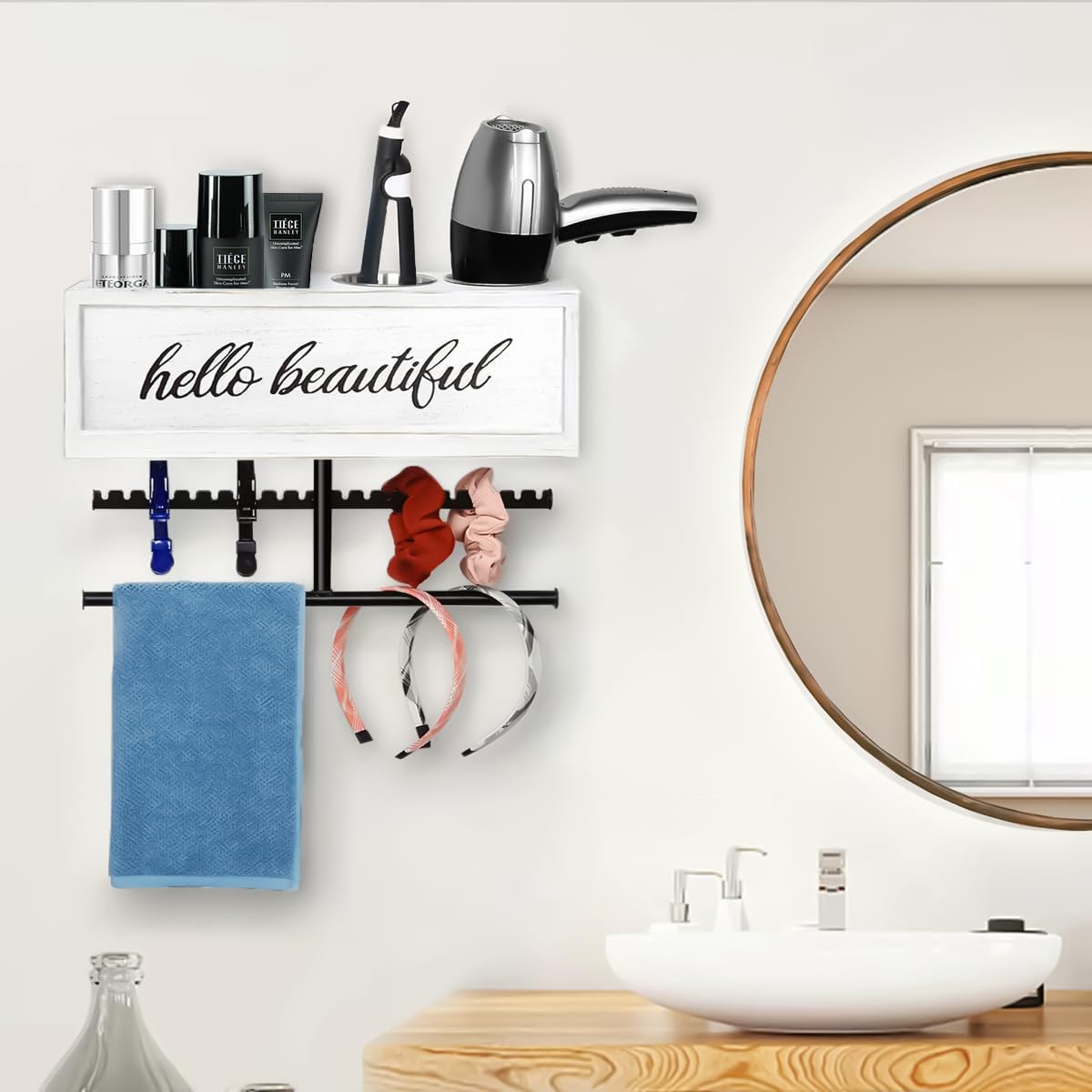 Rustic Hair Dryer Holder Wall Mounted,Hair Styling Tools & Accessories Organizer,Bathroom Supplies & hot Tools vanities