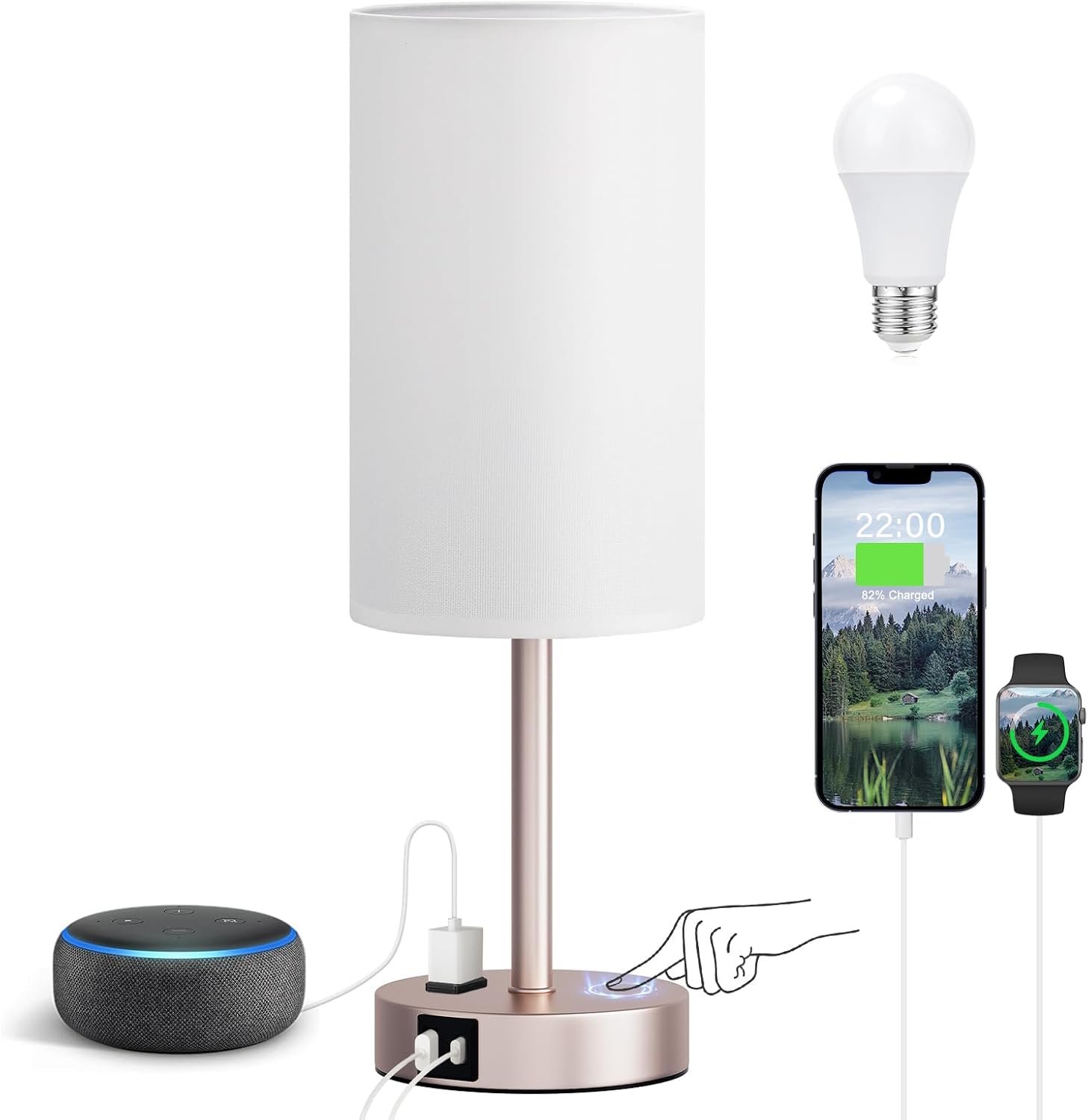 17.4" Antique White Lamp for Bedroom - Dimmable Touch, USB A+C, AC Outlet