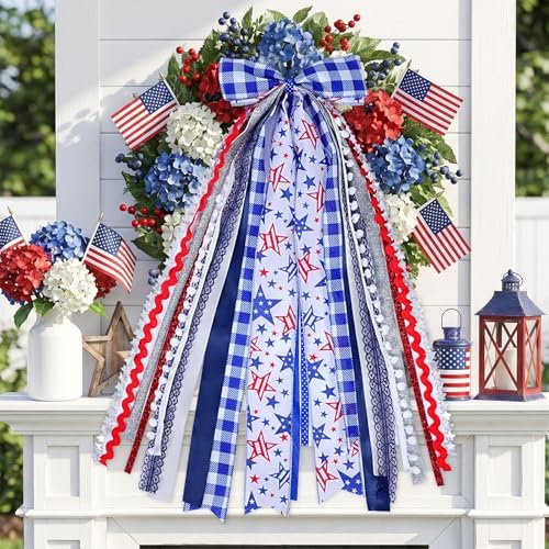 Patriotic Bows for Wreaths Red White Blue Grid Stars Tree Topper Bow for 4th of July,Independence Day,Memorial Day,Veteran's Day Indoor Outdoor Holiday Patriotic Decorations