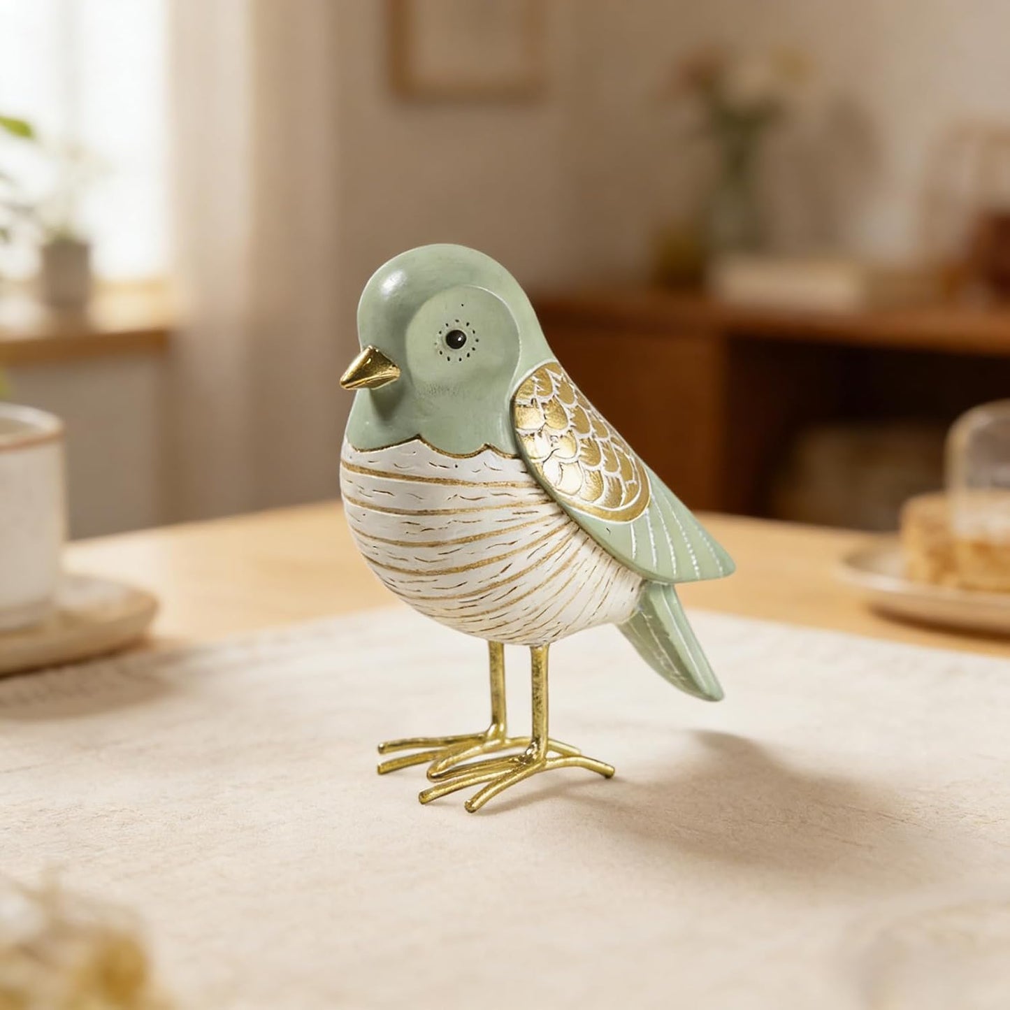 Elegant & Gold Bird Resin Statue / Green