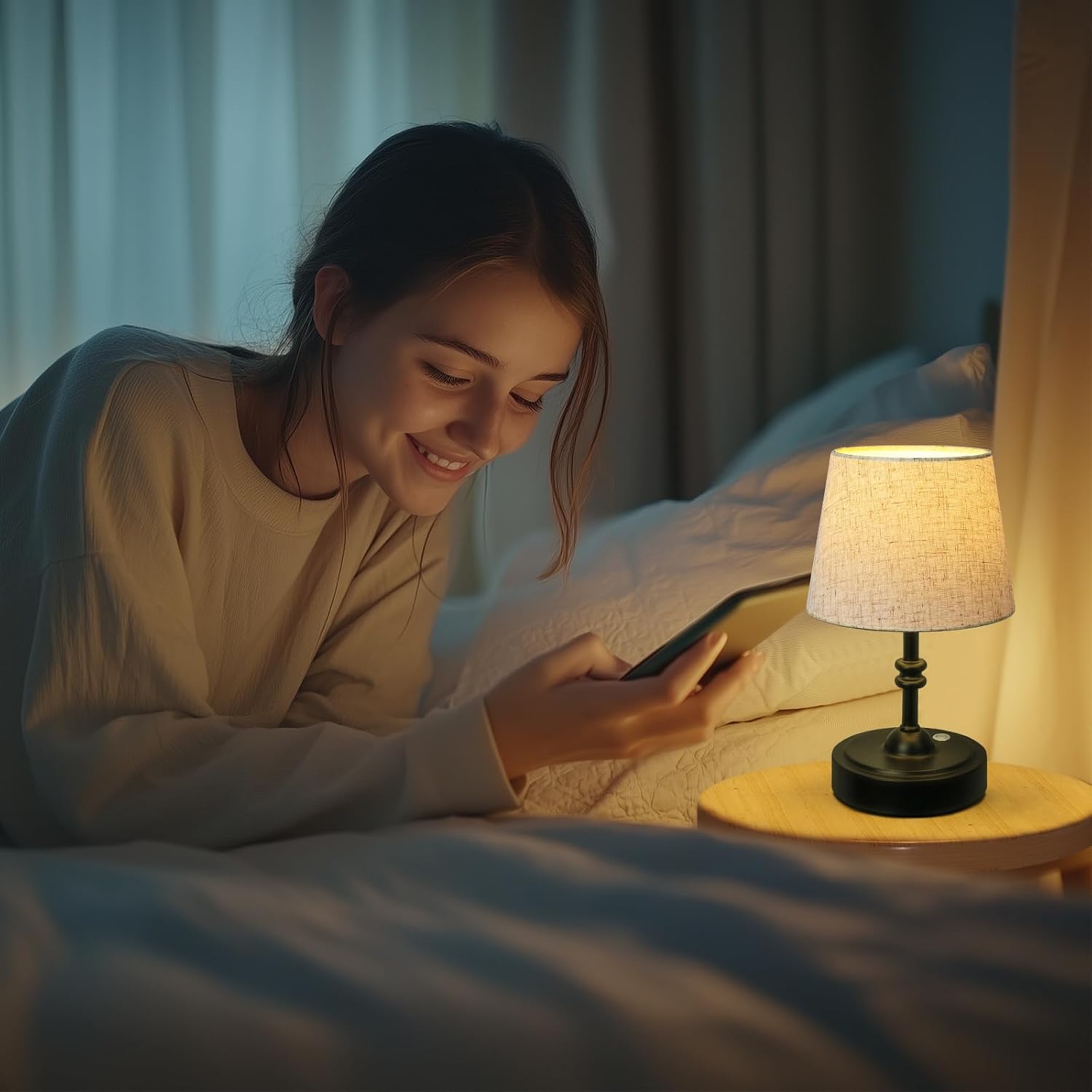ONEWISH Small Cordless Lamp, Battery Operated Table lamp Dimmable, 4000mAh Rechargeable, Touch Bedside Lamp with Beige