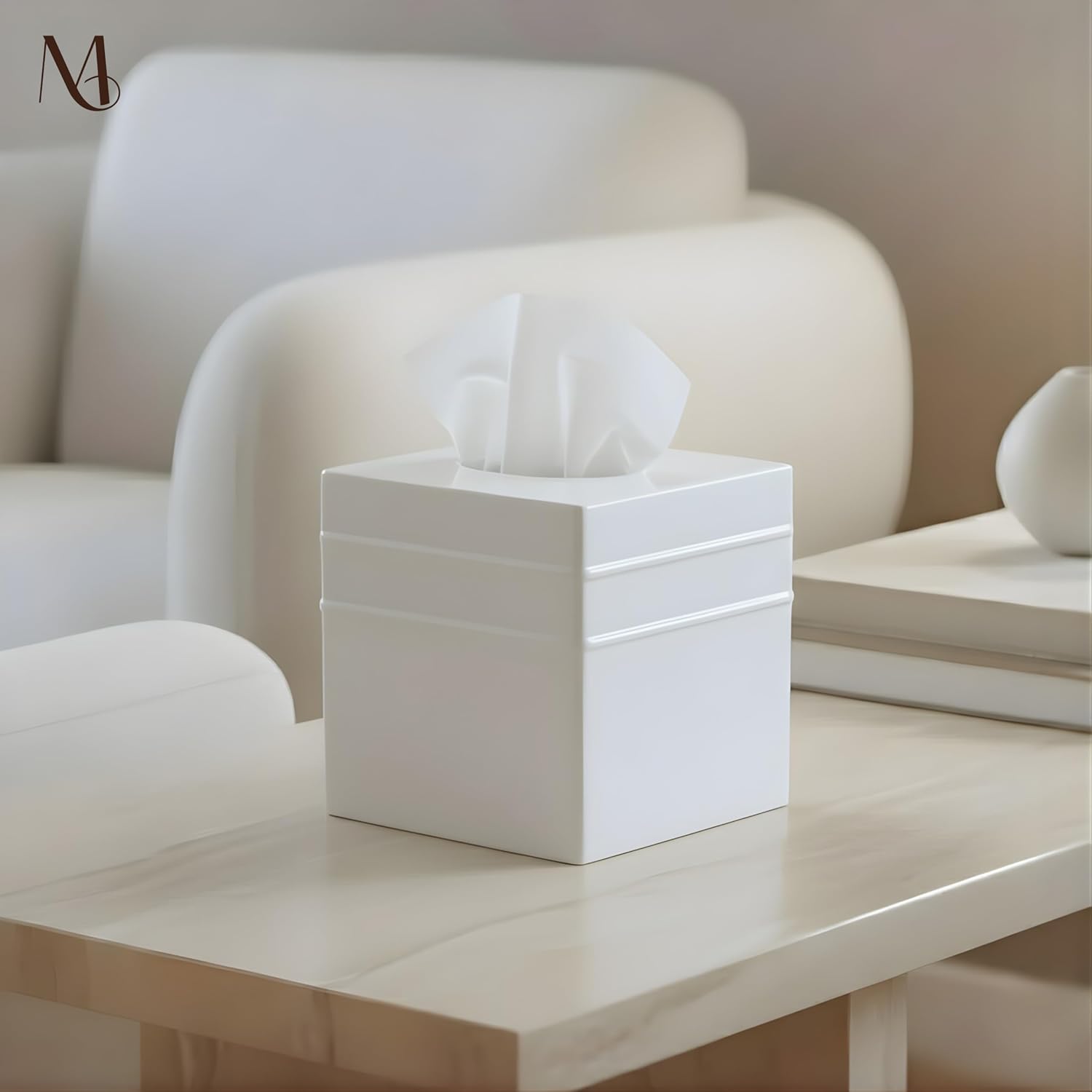Handcrafted White Metal Tissue Holder Box / Border Embossed / Classic White