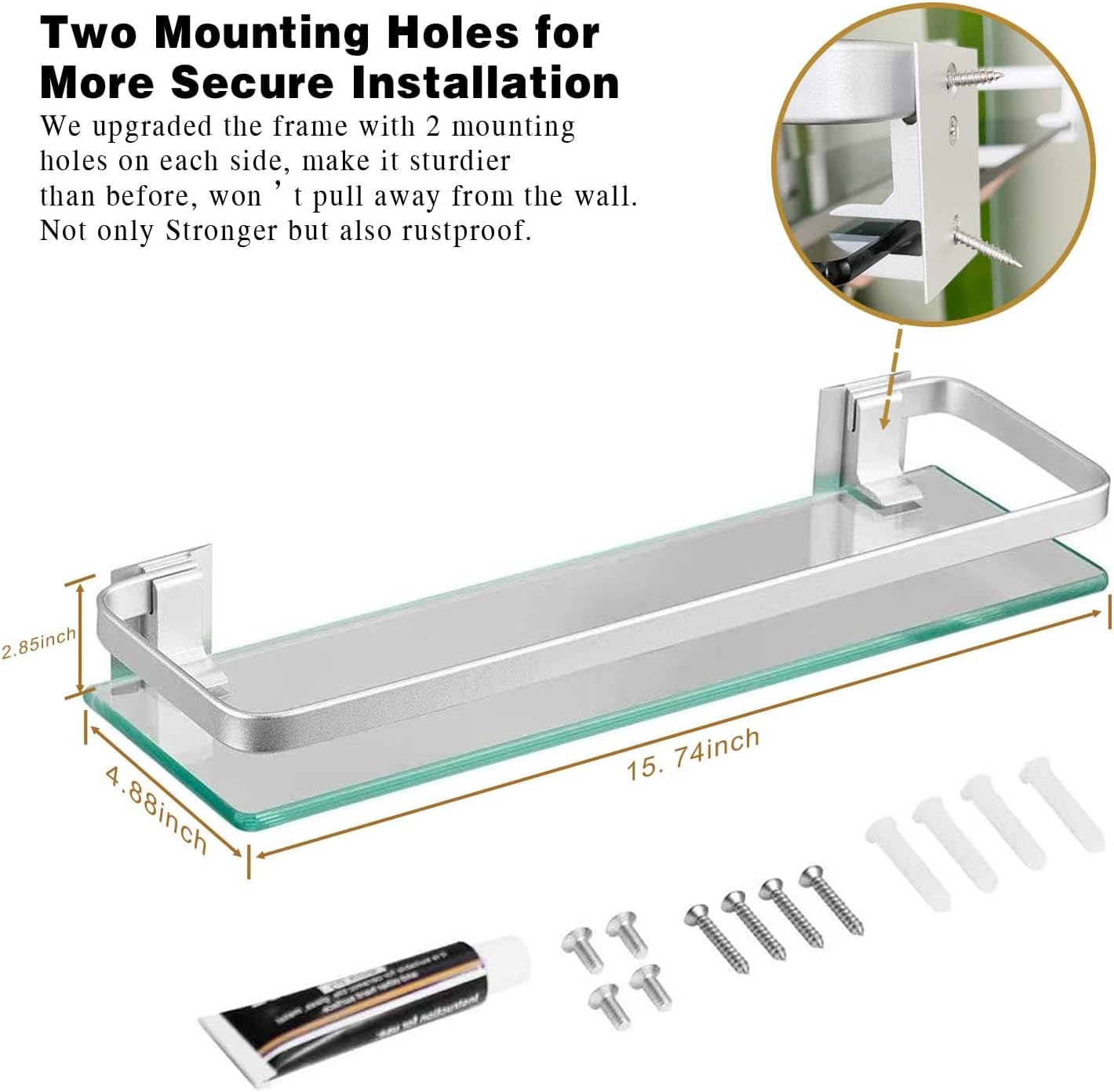 Glass Bathroom Shelf 15.7in Bathroom Shelf Wall Mounted Floating Glass Shelves with Towel Holder Glass Shelf for