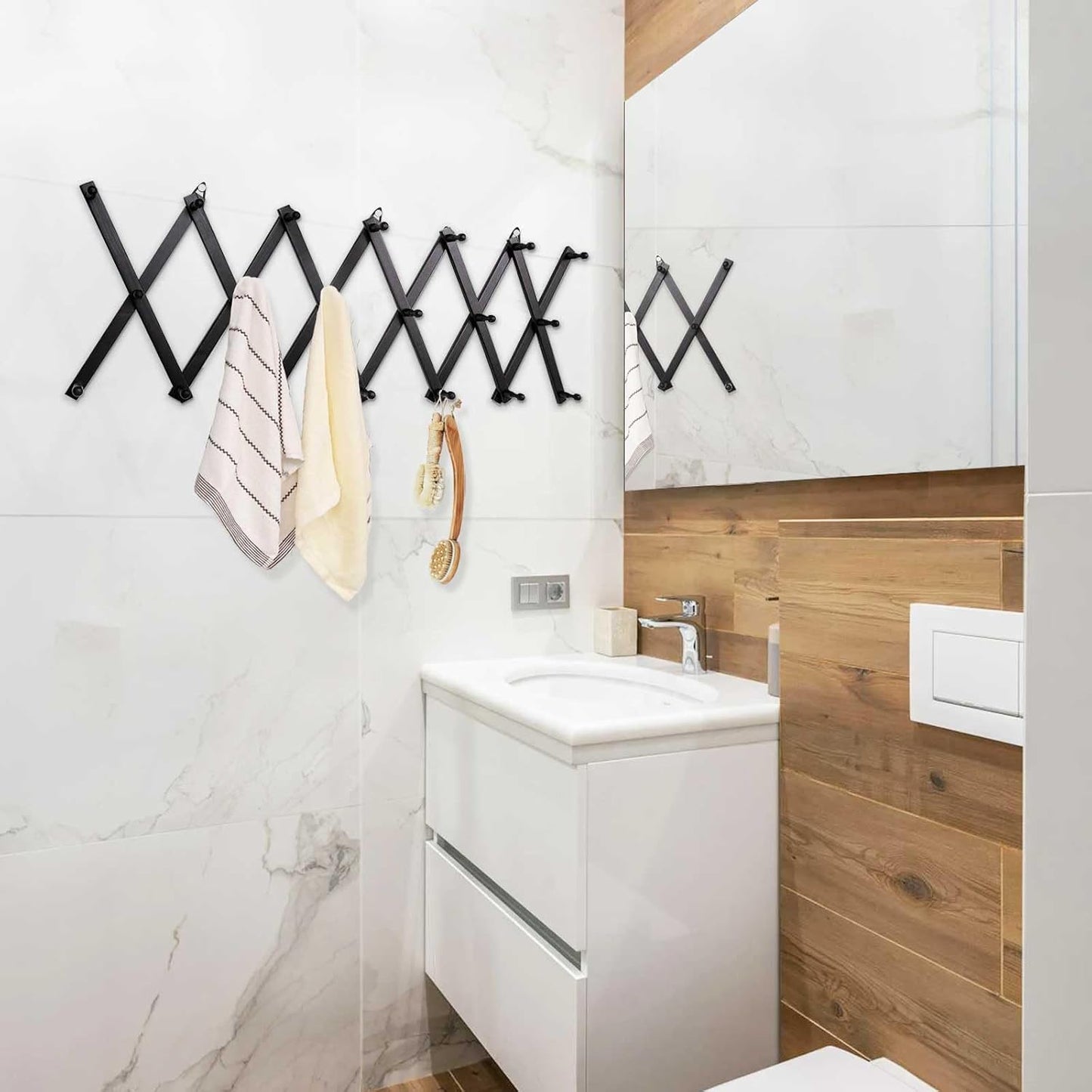 SCUNDA Wall Rack with 20 Hooks, Wooden Wall Expandable Coat Rack for Coat, Hats, Baseball Caps, Coffee Mug