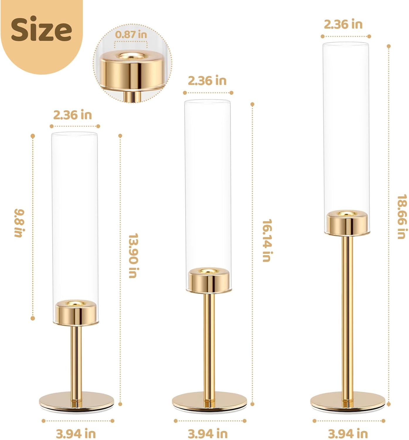 Gold Hurricane Glass Candle Holders Set of 6 Brass Taper Candlestick Holder | Windproof Flameless Candle Holder, Tall