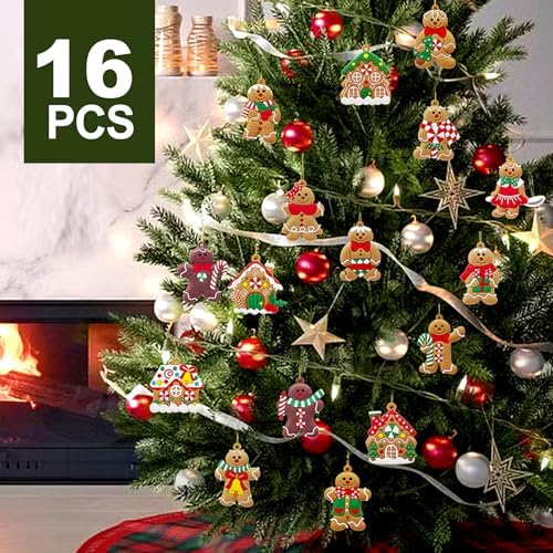 16 PCS Gingerbread Man Ornaments for Christmas Tree, Gingerbreads House Ornament, Christmas Tree Hanging Party Decor for Xmas Home Kitchen Holiday Decor
