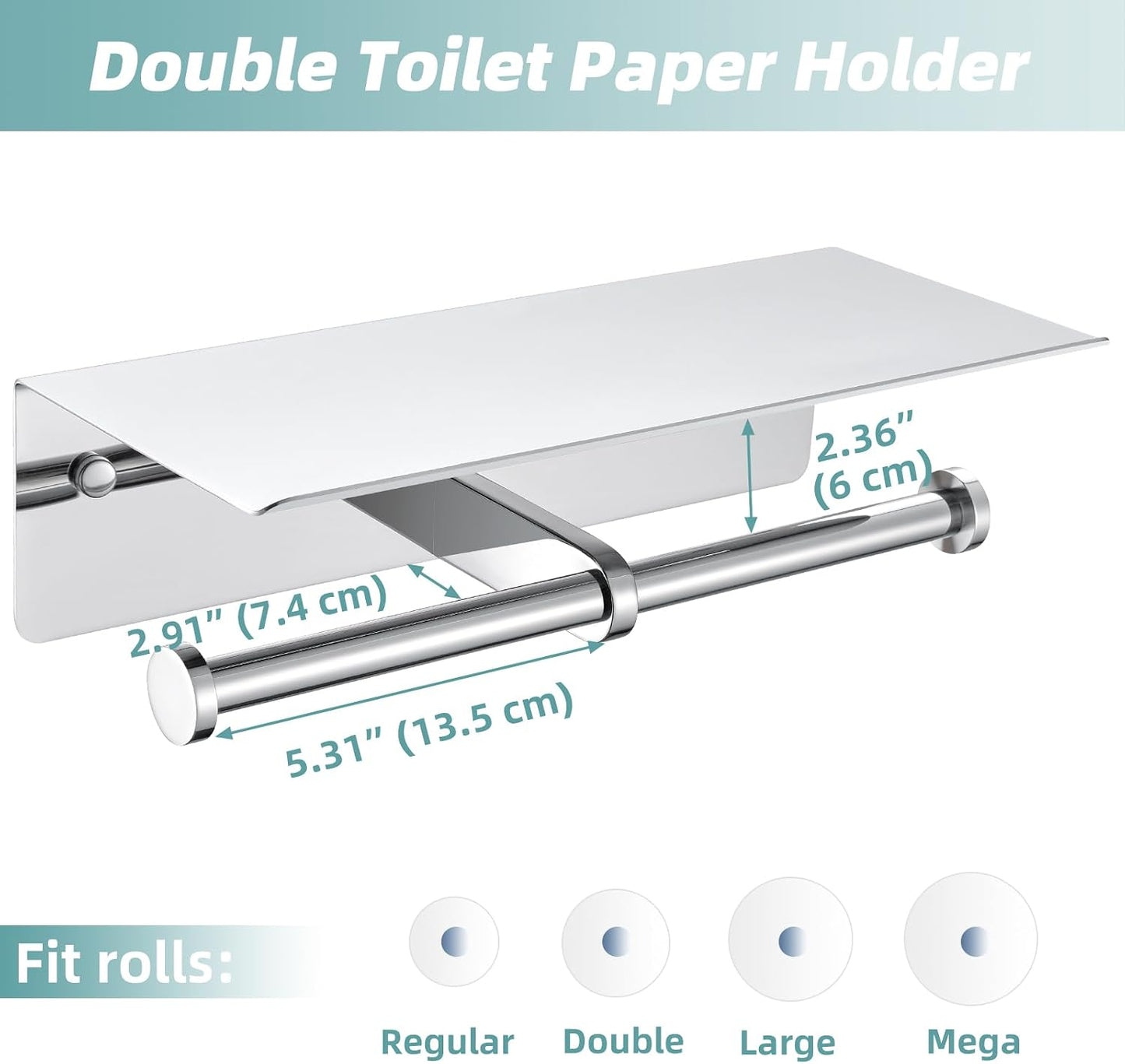 APLusee Polished Chrome Double Toilet Paper Holder with Shelf, Wall Mounted | 304 Stainless Steel, Rustproof for