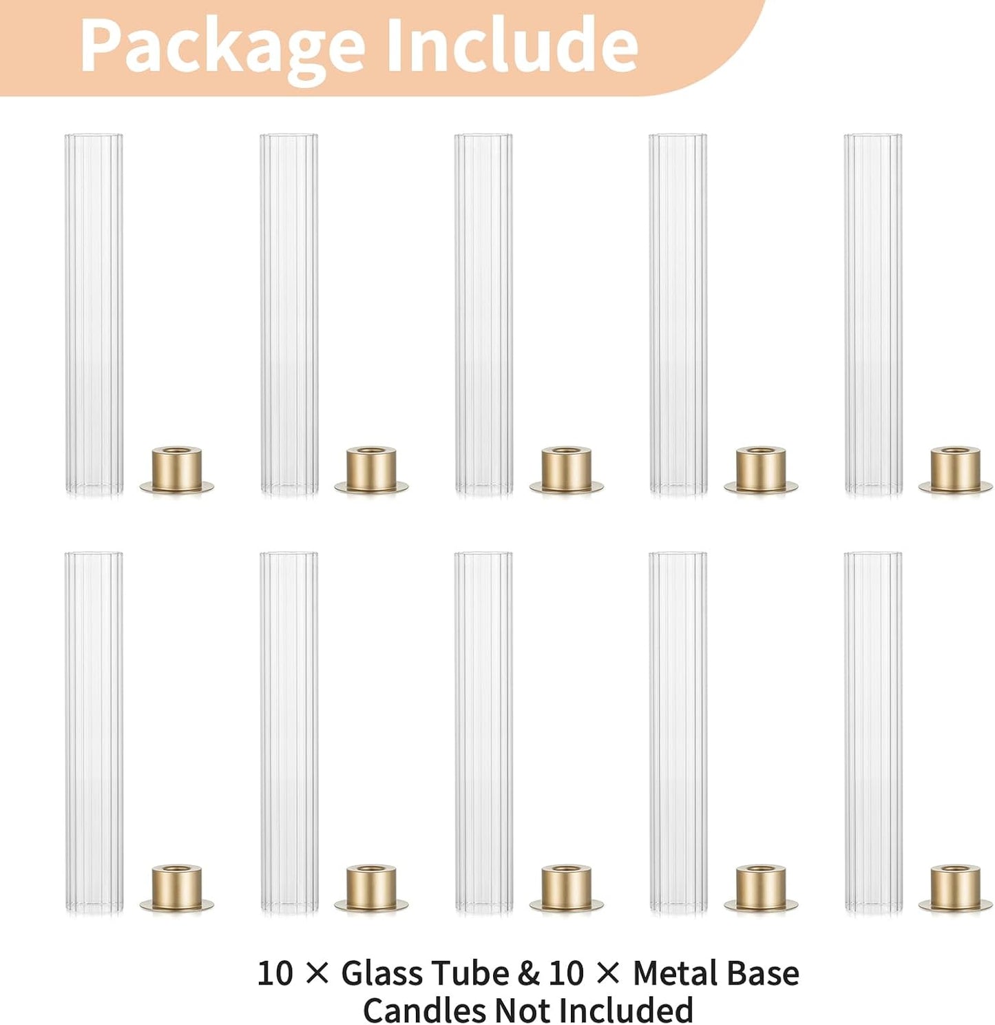 NUPTIO Hurricane Glass Candle Holders, Set of 10 Gold Taper Candle Holders | Fluted Glass Cylinders, Metal Base Design