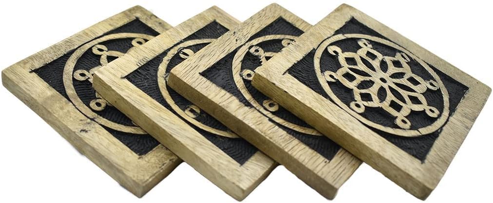 Holder for Tea Coffee Beer Wine Glass Drinks Tabletop Protection / Black-mandala Carving / Set of 4
