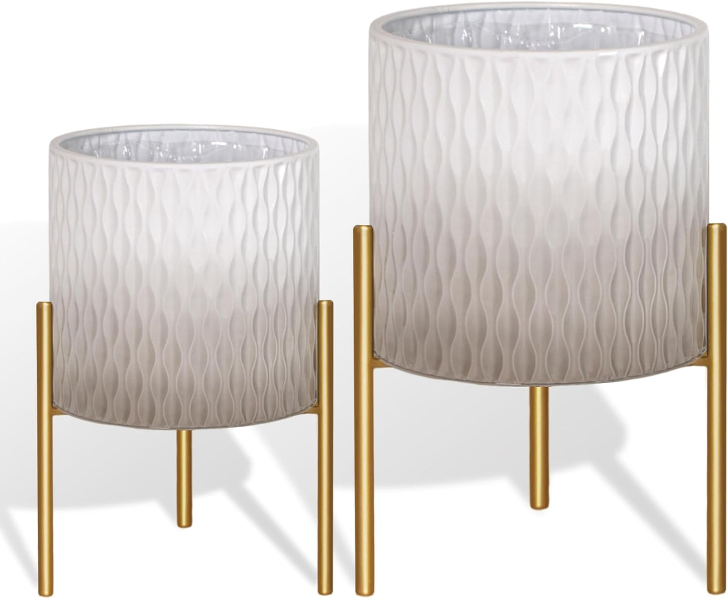 ARNIS Plants Pots with Stand, Set of 2 Indoor Planter Pots, Unique Mid Century Decorative Metal Flower Pots with