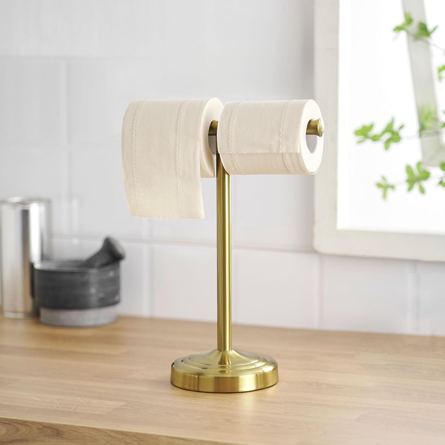 RUMOSE Brushed Gold Hand Towel Holder Stand Countertop Towel Rack | 13 Inch Bathroom Kitchen Vanity T-Shape Towel Stand
