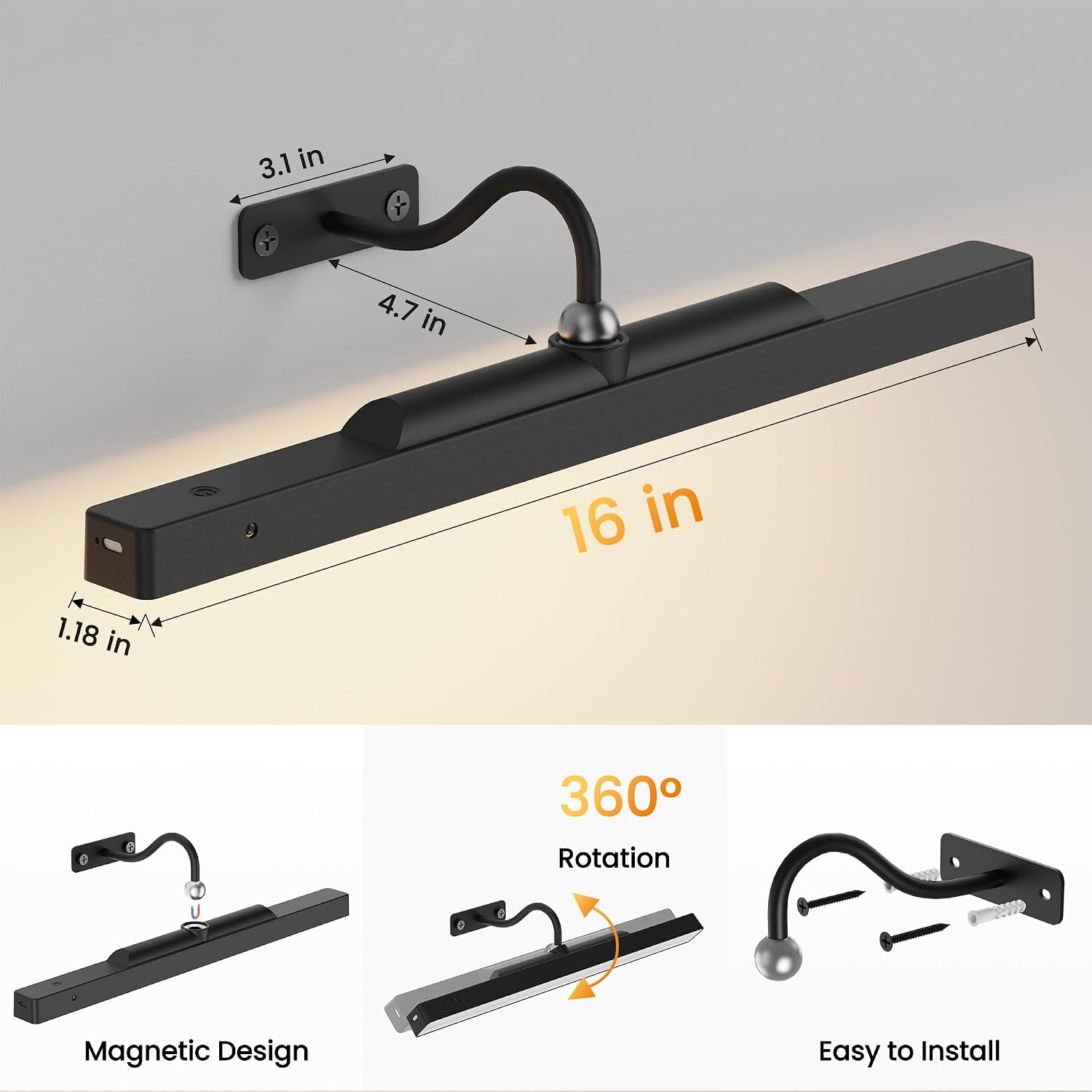 3Pack Picture Light Battery Operated, 16in Picture Light for Wall, 5000mAh Cordless Wall Lights with Controller,Art