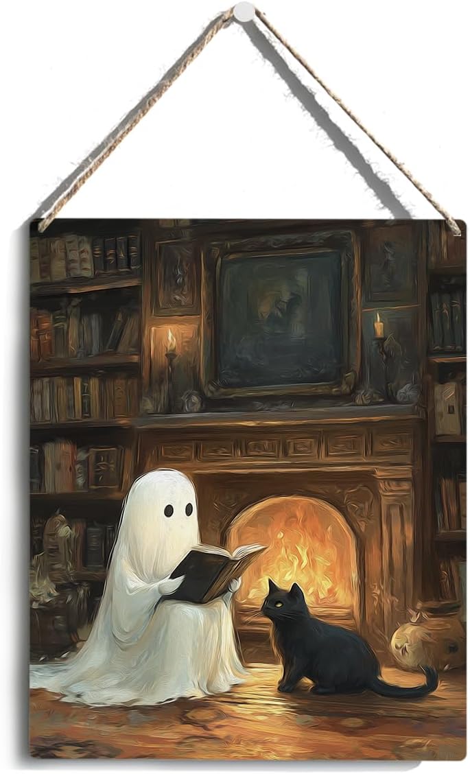 Halloween Decor, Cute Halloween Decorations Indoor, Spooky Halloweens Wall Art Wooden Hanging Sign Wood Plaque Decor, Ghost Black Cat Door Sign Farmhouse Home fireplace Living Room Decoration