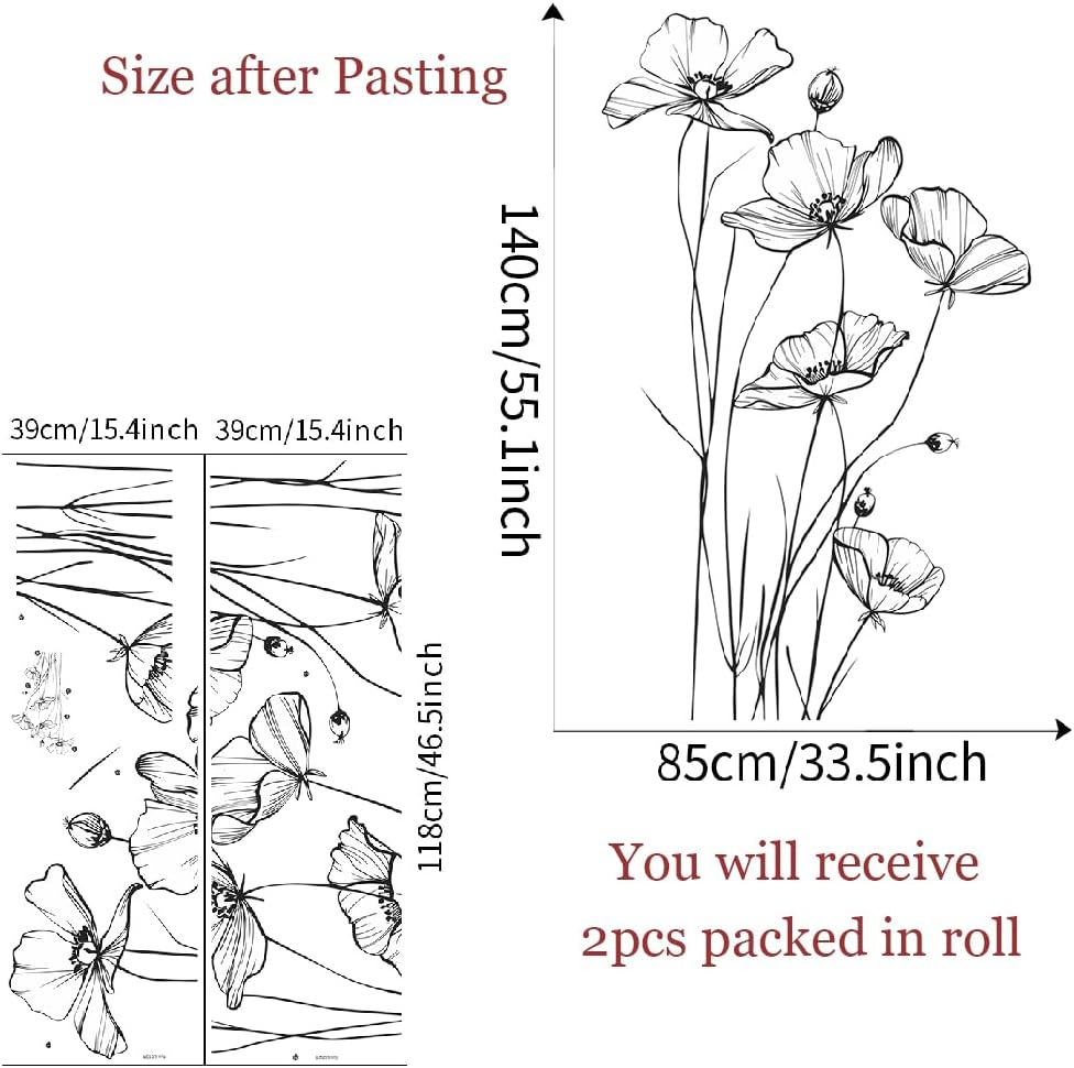White Poppy Flower Wall Decal Minimalist Sketch Botanical Wall Art PVC Peel Stick Wall / B / Black
