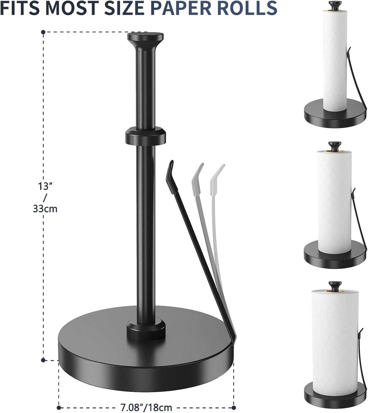 Jesginboo Countertop Paper Towel Holder for Kitchen, Black Tension Arm | One-Handed Tear, Stainless Steel Paper Towel