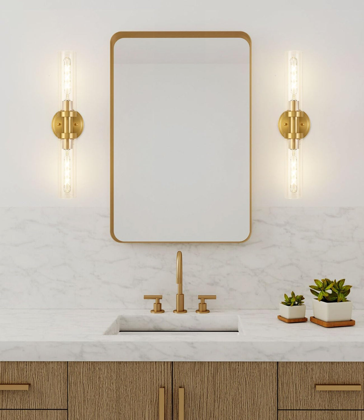 Brushed Gold Bathroom Vanity Light Fixture, 2-Light Modern Wall Sconce Lighting W/Clear Glass, Brass Wall Mount Lamp