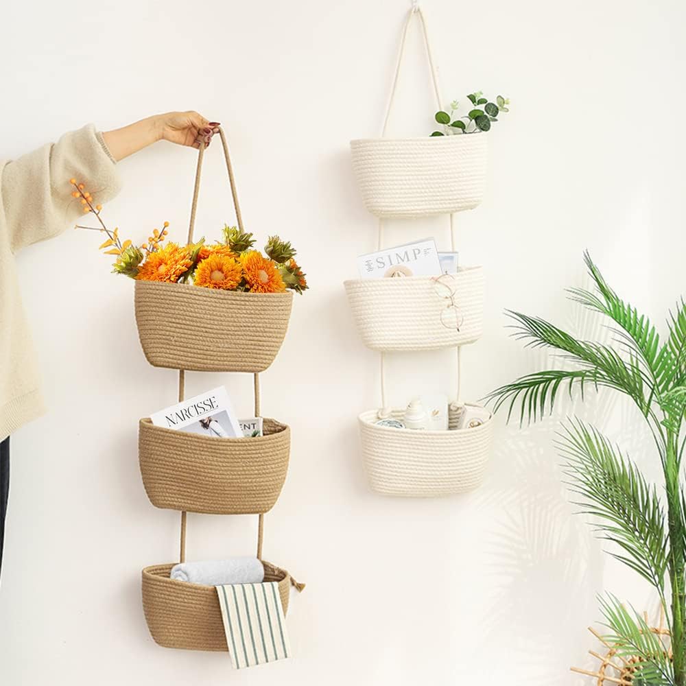 3-Tier Woven Cotton Wall-Mounted Storage Organizer Bag Decorative Hanging Nursery / Jute