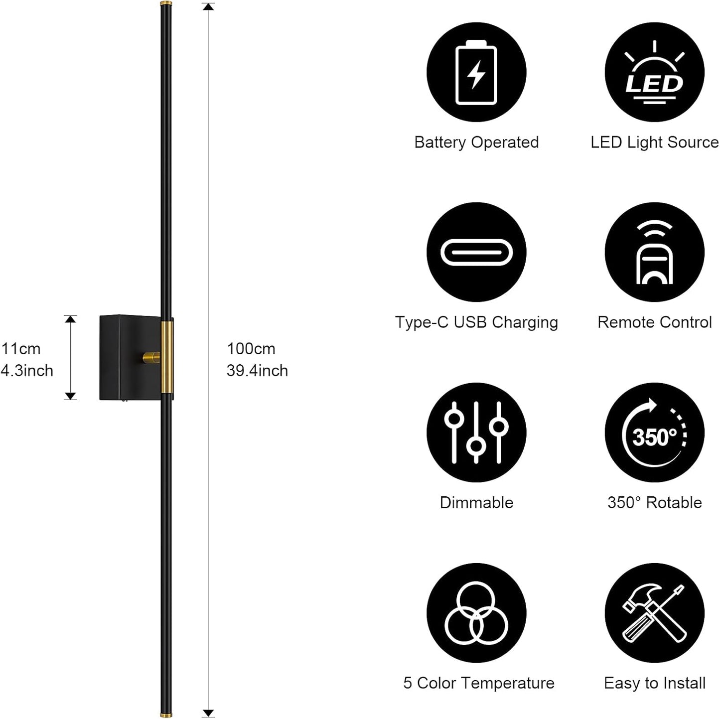 Battery Operated Wall Sconce Set of Two with Remote Control, 3000K-6000K Dimmable Black Gold Wall Lights, Timable LED