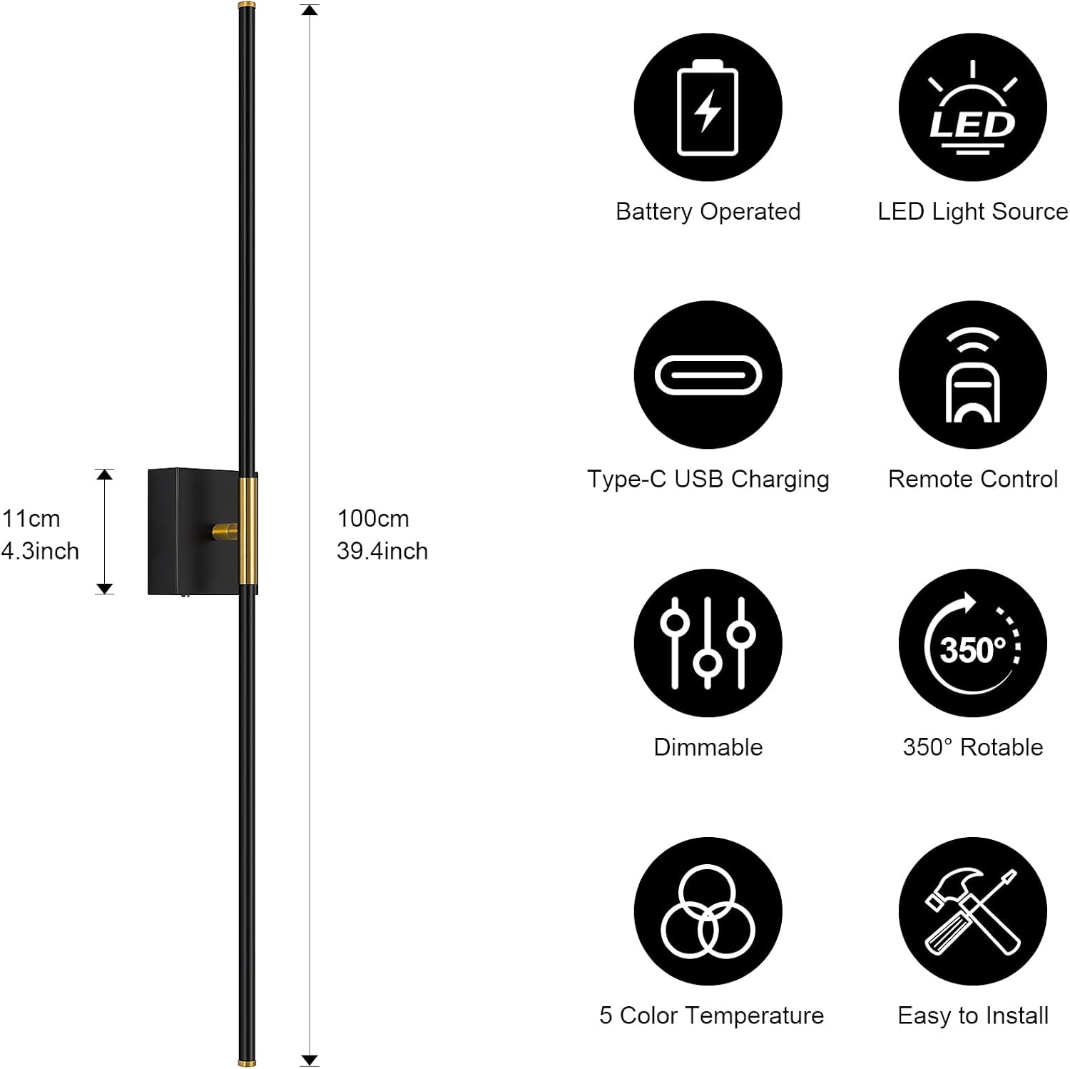 Battery Operated Wall Sconce Set of Two with Remote Control, 3000K-6000K Dimmable Black Gold Wall Lights, Timable LED