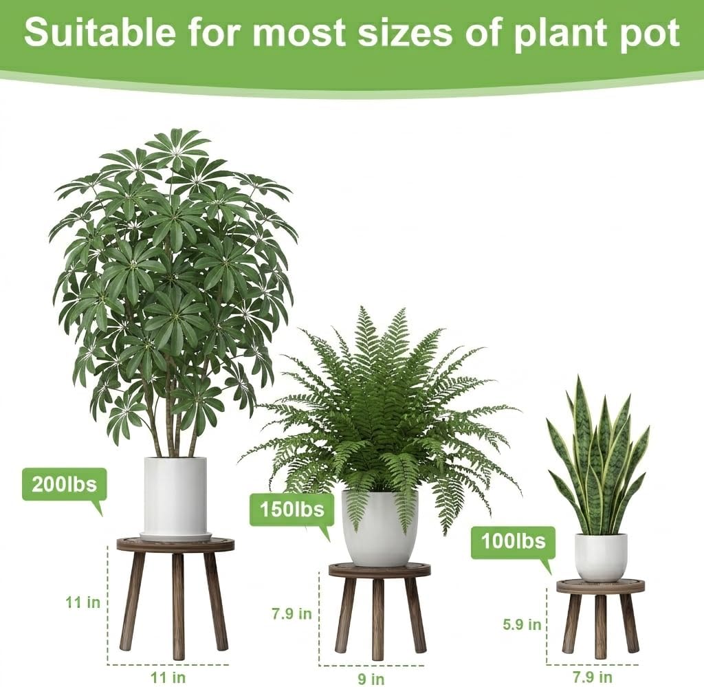 Wood Plant Stands Indoor / Heavy Burnt Color / 12 Inch / Set of 3