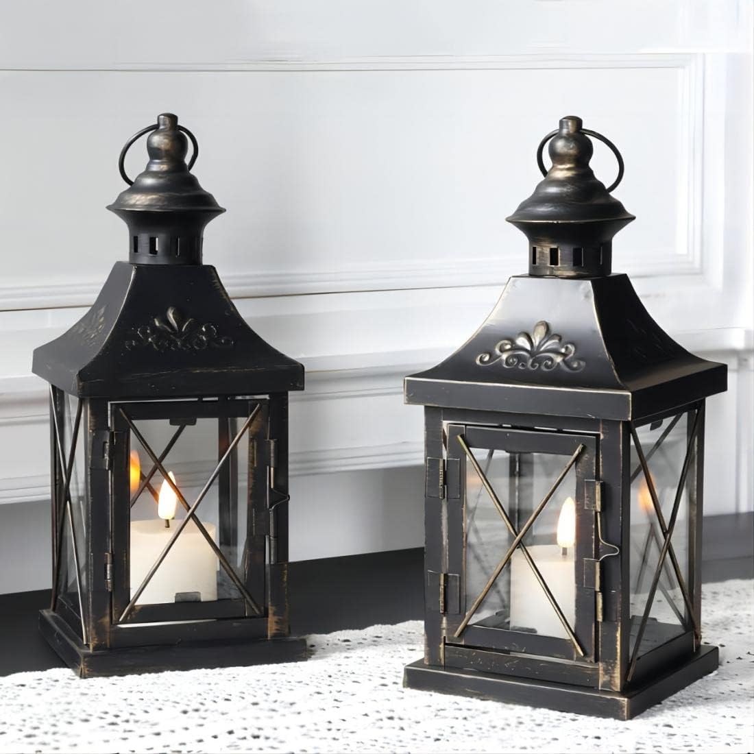 TRIROCKS Set of 2 Decorative Candle Lantern 11'' High Metal Candle Holder Hanging Lantern Perfect for Home Decor