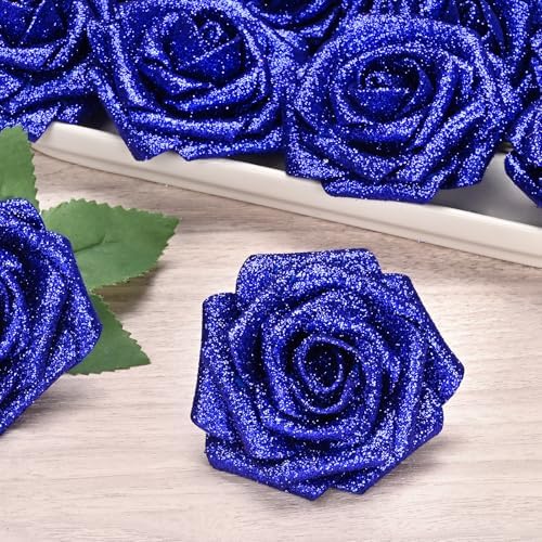BLEUM CADE 16Pcs Artificial Flowers Glitter Roses with Stems for Wedding