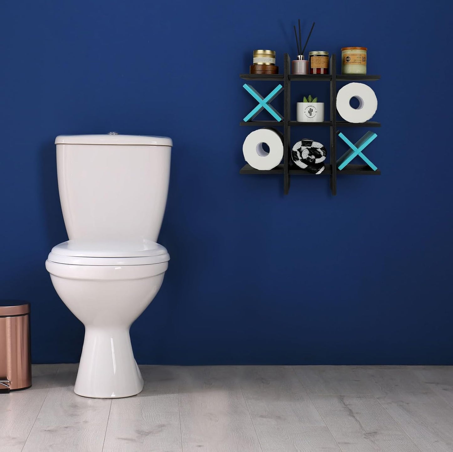 Weysat Tic Tac Toe Toilet Paper Holder,Black, Blue | Farmhouse Bathroom Decor, Freestanding or Wall Mount Storage for