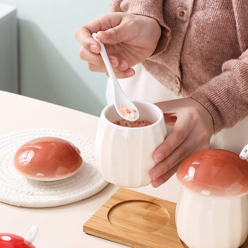 Ceramic Mushroom Shape Sugar Bowl Spice Jar Seasoning Pot / Red