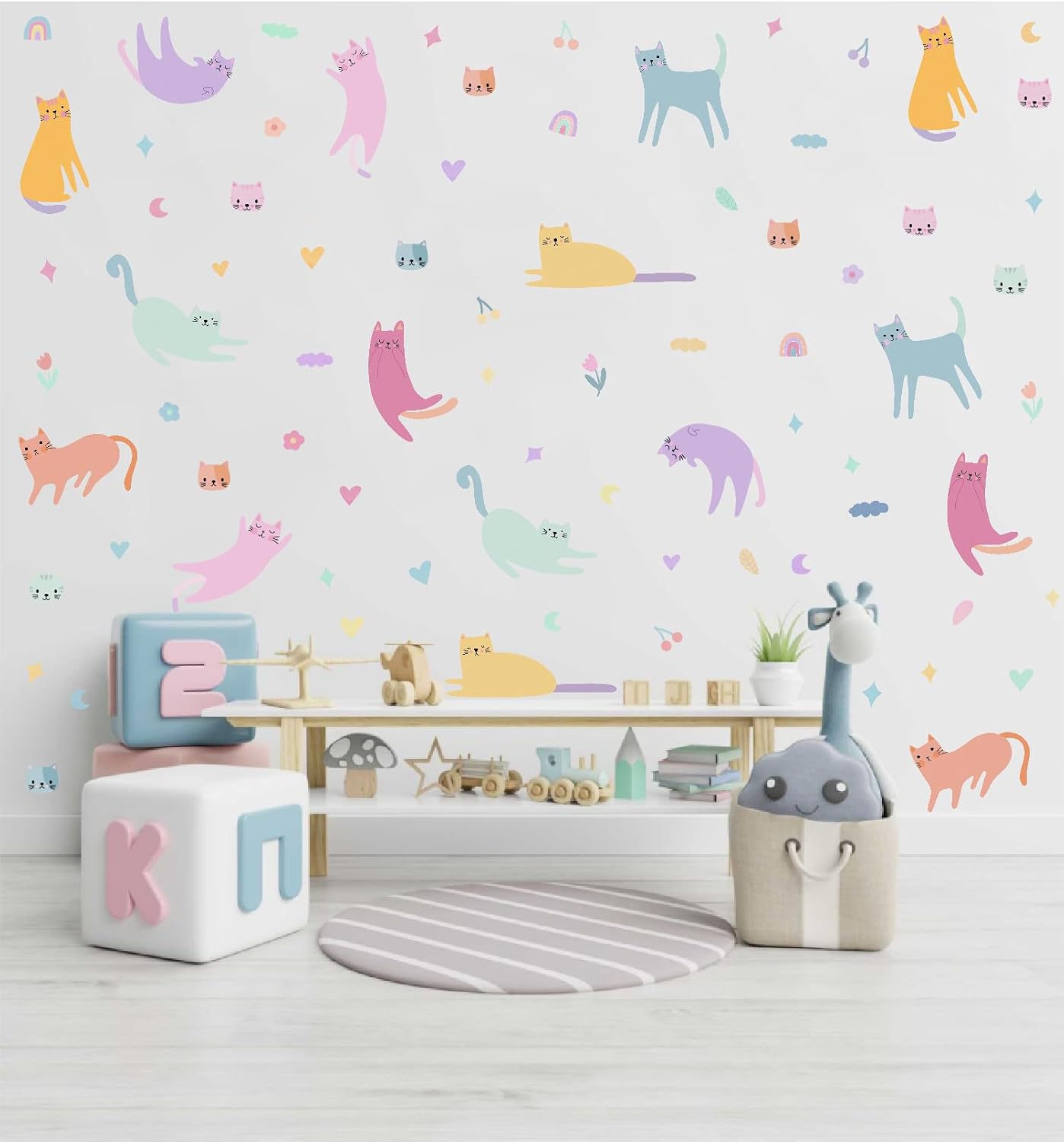 Wall Stickers / Rainbow Flower Vinyl Wall Decals / Colorful Cat