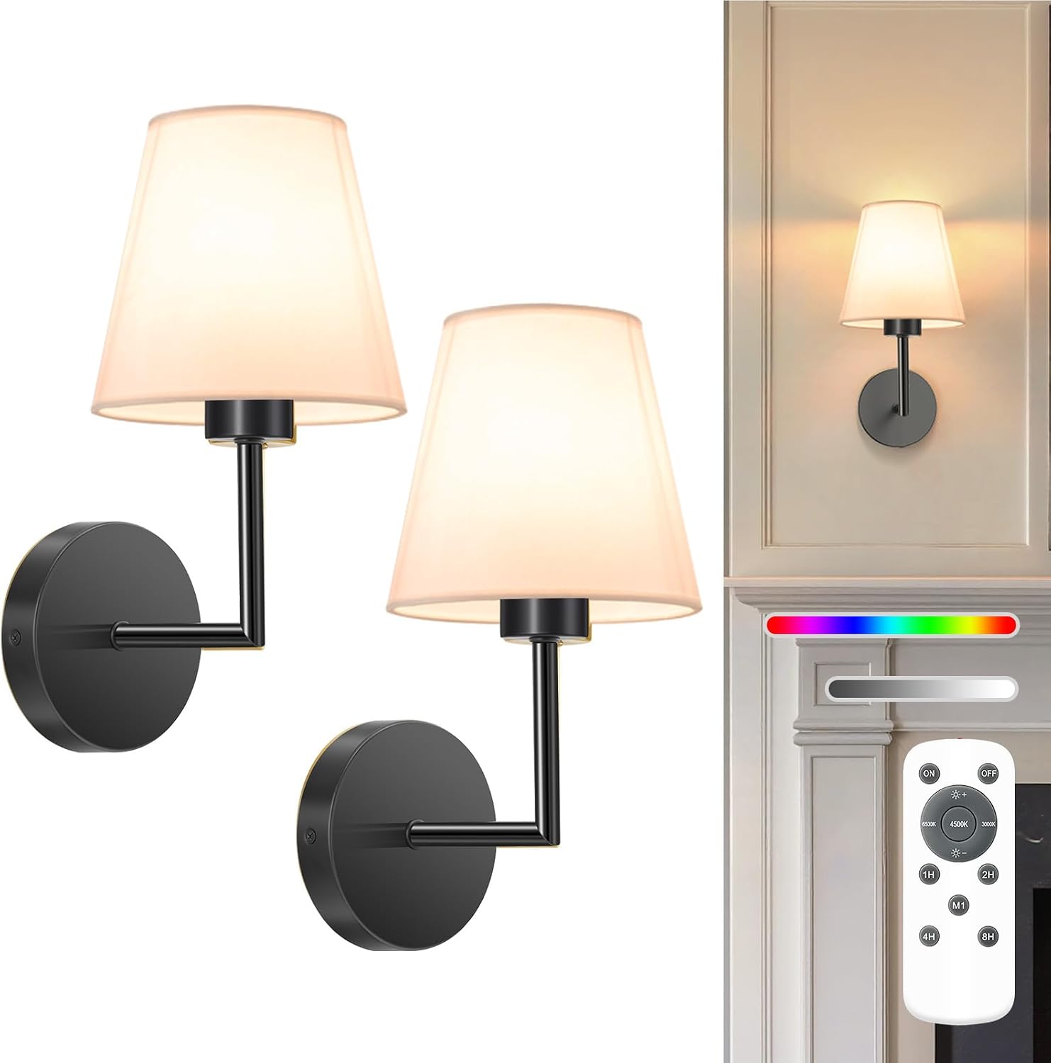 NIORSUN 13.8 inch Battery Operated Wall Sconce Set of 2,Black Rechargeable Wall Lights with 10400mAh Dimmable
