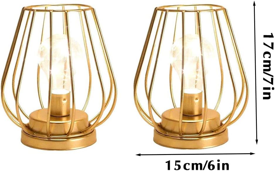 TRIROCKS Set of 2 Metal Battery Operated Lamp 7'' Tall Mini Cage Shape Cordless Table Lamp Battery Lanterns with Warm